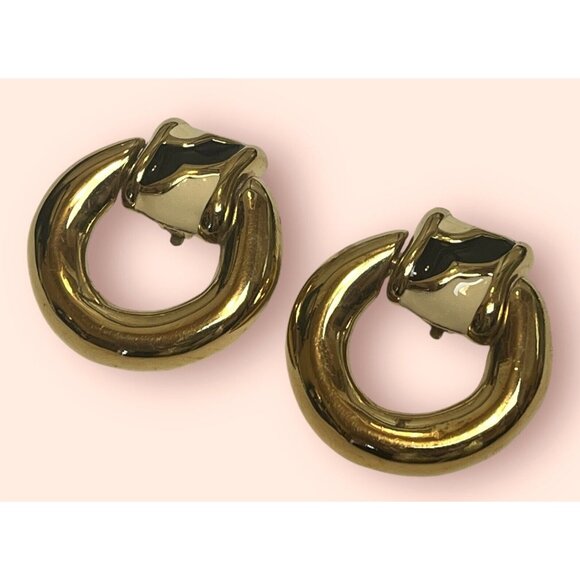 Givenchy ~ Large Vintage 80’s Dangle Drop Door Knocker Enamel Gold Tone Earrings - Picture 3 of 10